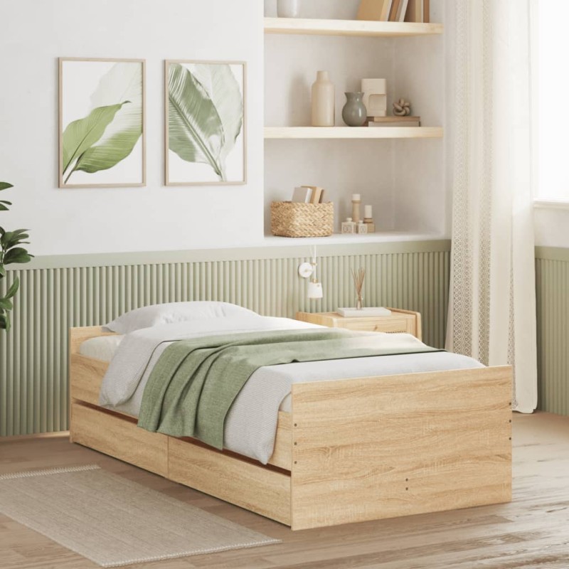 vidaXL Estructura de cama con cajones roble Sonoma 75x190 cm vidaXL Estructura de cama con cajones roble Sonoma 75x190 cm
