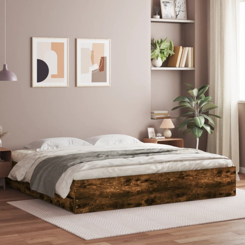 vidaXL Cama con cajones madera de ingeniería roble ahumado 160x200 cm vidaXL Cama con cajones madera de ingeniería roble ahumado 160x200 cm