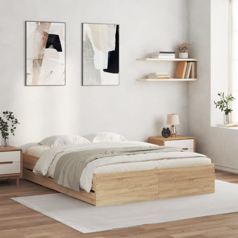 vidaXL Cama con cajones madera ingeniería roble Sonoma 150x200 cm vidaXL Cama con cajones madera ingeniería roble Sonoma 150x200 cm