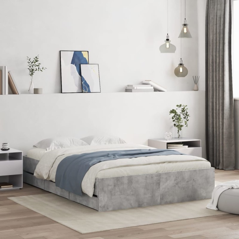 vidaXL Cama con cajones madera ingeniería gris hormigón 135x190 cm
