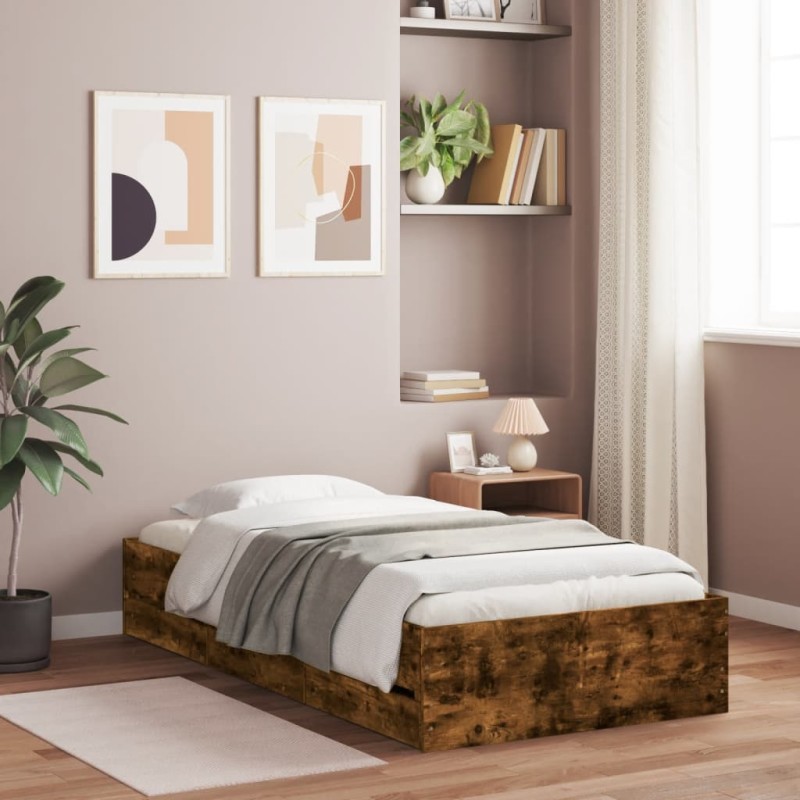 vidaXL Cama con cajones madera de ingeniería roble ahumado 90x190 cm