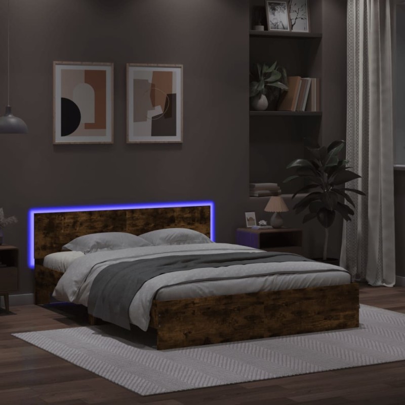 vidaXL Estructura de cama cabecero y luces LED roble ahumado 160x200cm vidaXL Estructura de cama cabecero y luces LED roble ahumado 160x200cm
