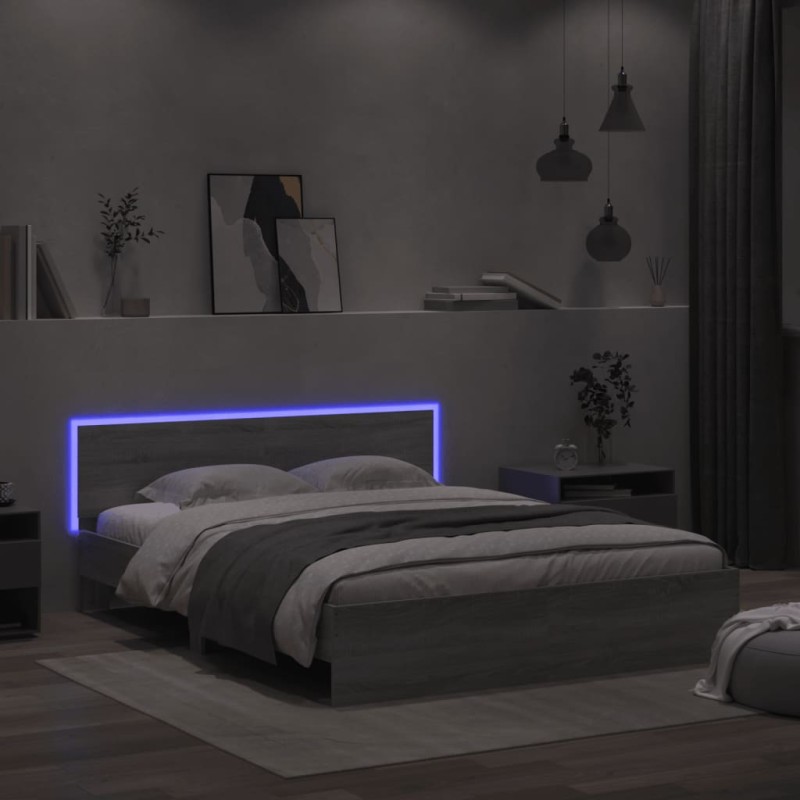 vidaXL Estructura de cama cabecero y luces LED gris Sonoma 160x200 cm vidaXL Estructura de cama cabecero y luces LED gris Sonoma 160x200 cm