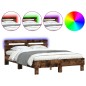 vidaXL Estructura de cama cabecero y luces LED roble ahumado 135x190cm vidaXL Estructura de cama cabecero y luces LED roble ahumado 135x190cm