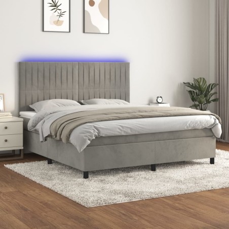 vidaXL Cama box spring colchón y LED terciopelo gris claro 180x200 cm