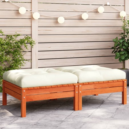 vidaXL Reposapiés jardín cojines 2 uds madera maciza pino marrón cera