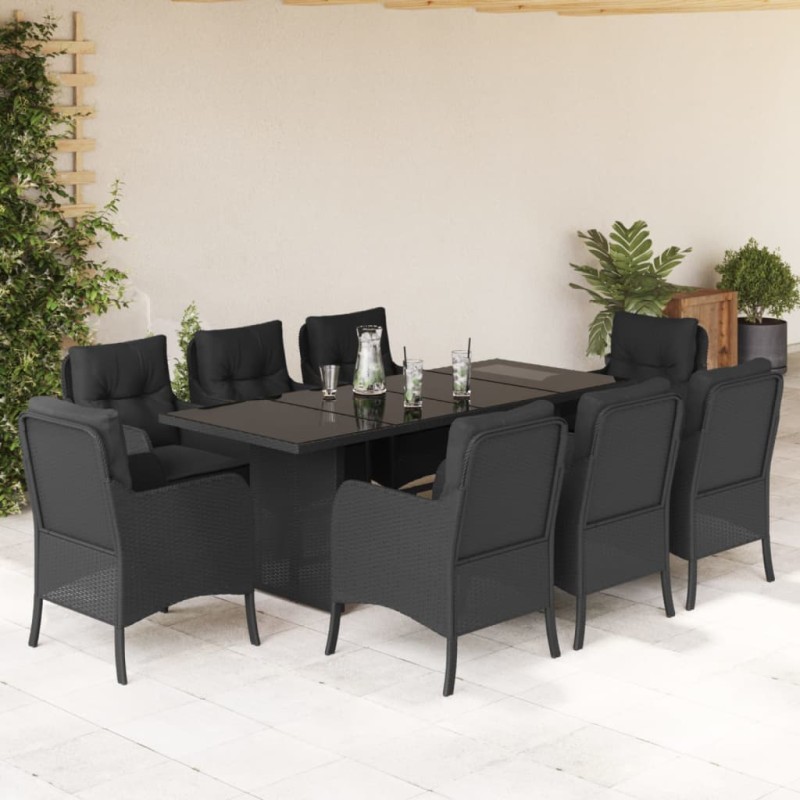 vidaXL Set de comedor de jardín 9 pzas y cojines ratán sintético negro