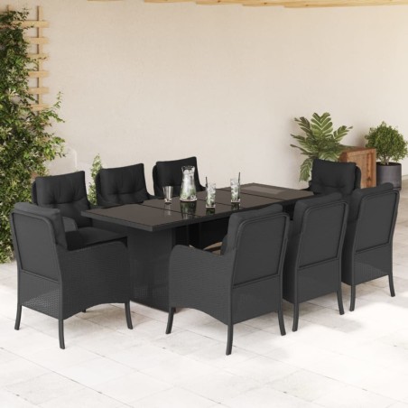 vidaXL Set de comedor de jardín 9 pzas y cojines ratán sintético negro