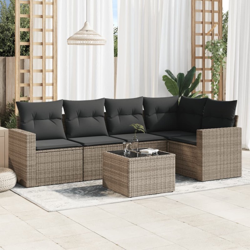 vidaXL Set de muebles de jardín 6 pzas y cojines ratán sintético gris vidaXL Set de muebles de jardín 6 pzas y cojines ratán sintético gris