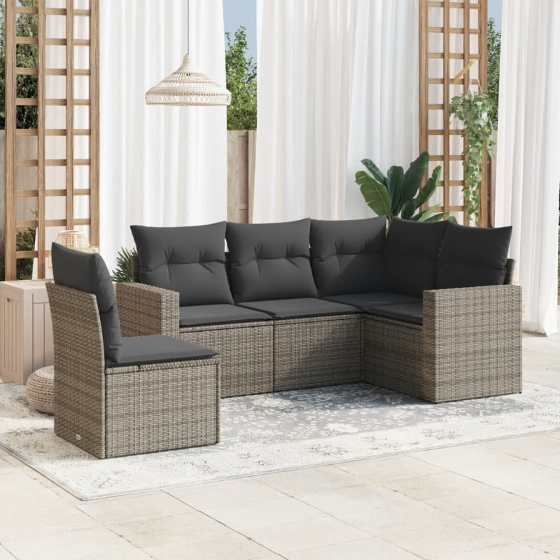 vidaXL Juego de sofás jardín con cojines 5 pzas ratán sintético gris vidaXL Juego de sofás jardín con cojines 5 pzas ratán sintético gris