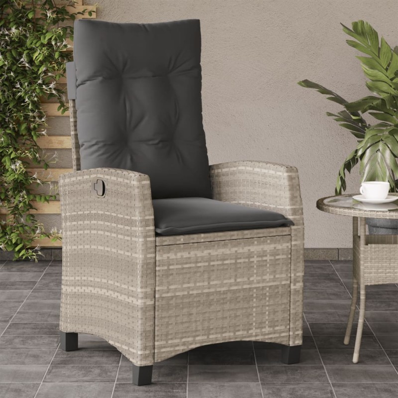 vidaXL Sillón de jardín reclinable con cojines ratán PE gris claro vidaXL Sillón de jardín reclinable con cojines ratán PE gris claro