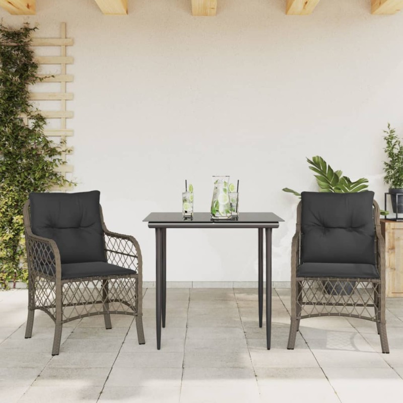 vidaXL Sillas y mesita de jardín con cojines 3 piezas ratán PE gris