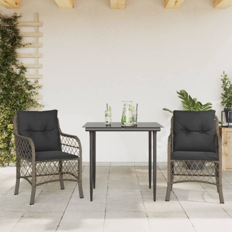 vidaXL Sillas y mesita de jardín con cojines 3 piezas ratán PE gris