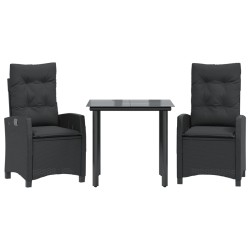 vidaXL Set comedor de jardín 3 pzas con cojines ratán sintético negro