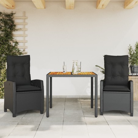 vidaXL Set comedor de jardín 3 pzas con cojines ratán sintético negro