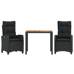 vidaXL Set comedor de jardín 3 pzas con cojines ratán sintético negro
