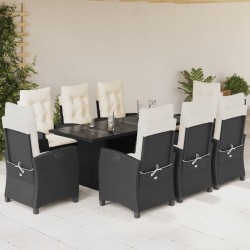 vidaXL Set de comedor de jardín 9 pzas y cojines ratán sintético negro