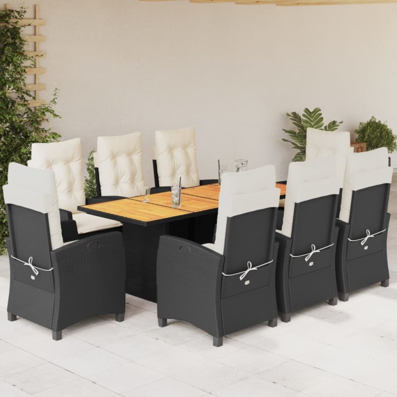 vidaXL Set de comedor de jardín 9 pzas y cojines ratán sintético negro