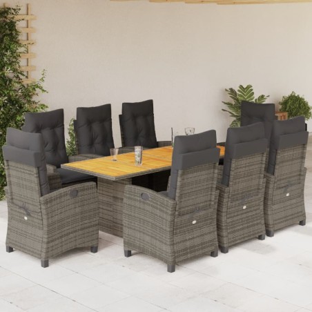 vidaXL Set comedor jardín 9 pzas y cojines ratán sintético gris