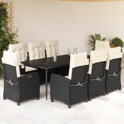 vidaXL Set de comedor de jardín 9 pzas y cojines ratán sintético negro