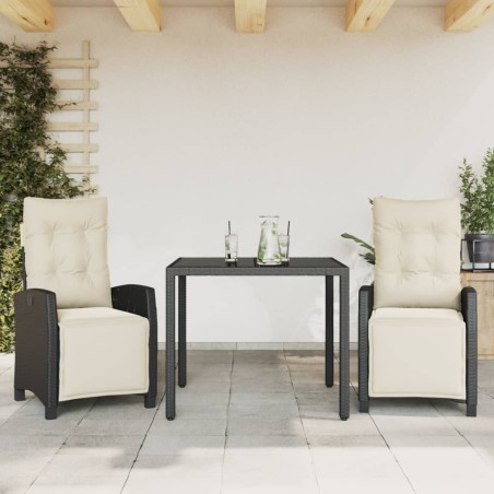 vidaXL Set comedor de jardín 3 pzas con cojines ratán sintético negro