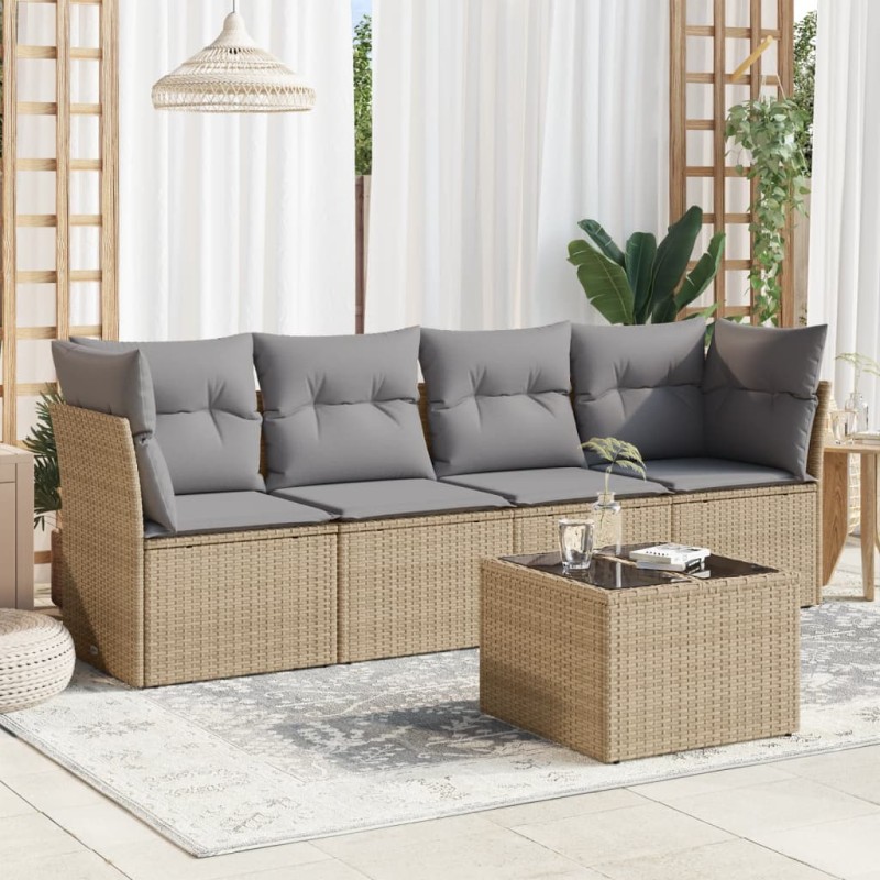 vidaXL Juego de sofás jardín con cojines 5 pzas ratán sintético beige vidaXL Juego de sofás jardín con cojines 5 pzas ratán sintético beige