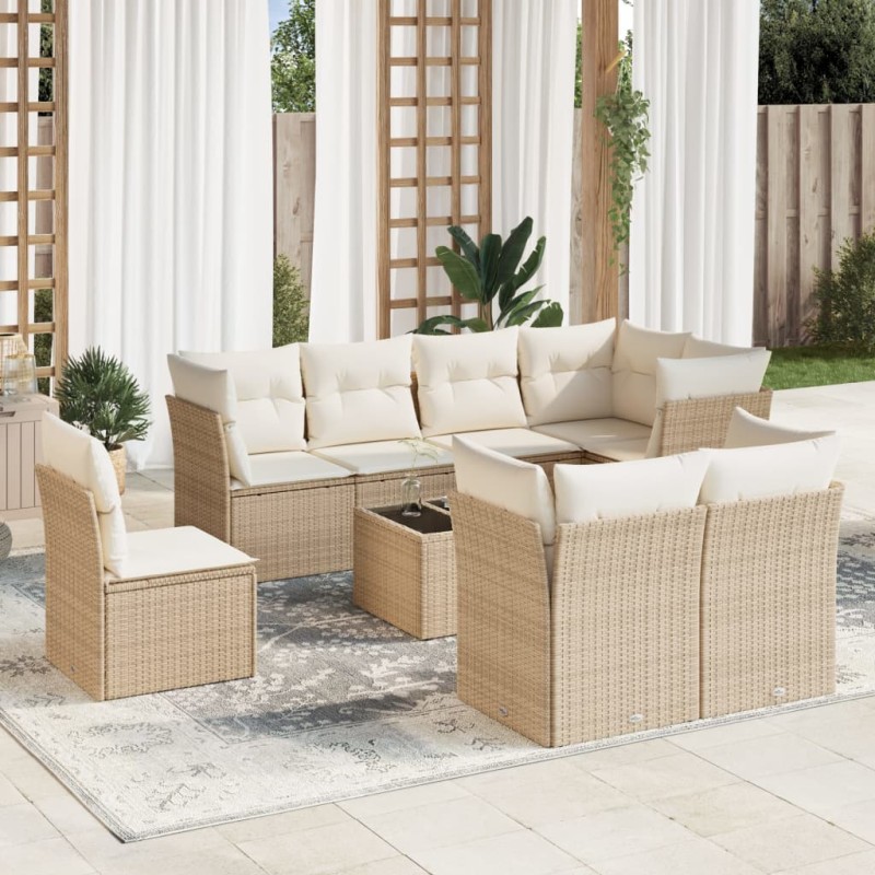 vidaXL Set de sofás de jardín 9 pzas con cojines ratán sintético beige vidaXL Set de sofás de jardín 9 pzas con cojines ratán sintético beige