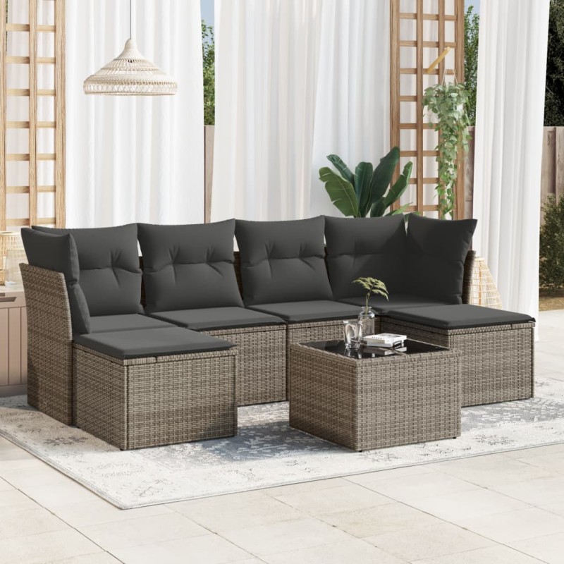 vidaXL Set de sofás de jardín 7 piezas con cojines ratán PE gris vidaXL Set de sofás de jardín 7 piezas con cojines ratán PE gris