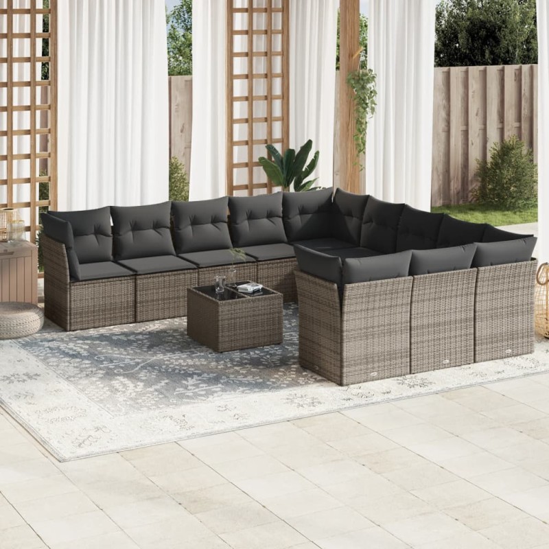 vidaXL Set de sofás de jardín 12 pzas con cojines ratán sintético gris vidaXL Set de sofás de jardín 12 pzas con cojines ratán sintético gris