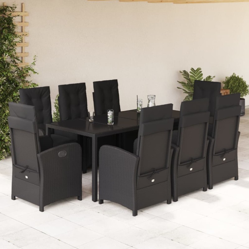 vidaXL Set de comedor de jardín 9 pzas y cojines ratán sintético negro