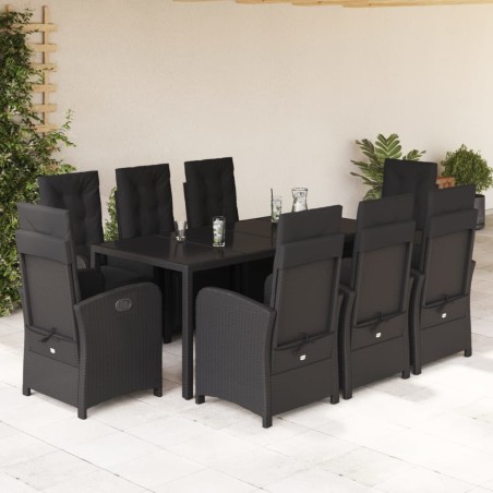 vidaXL Set de comedor de jardín 9 pzas y cojines ratán sintético negro