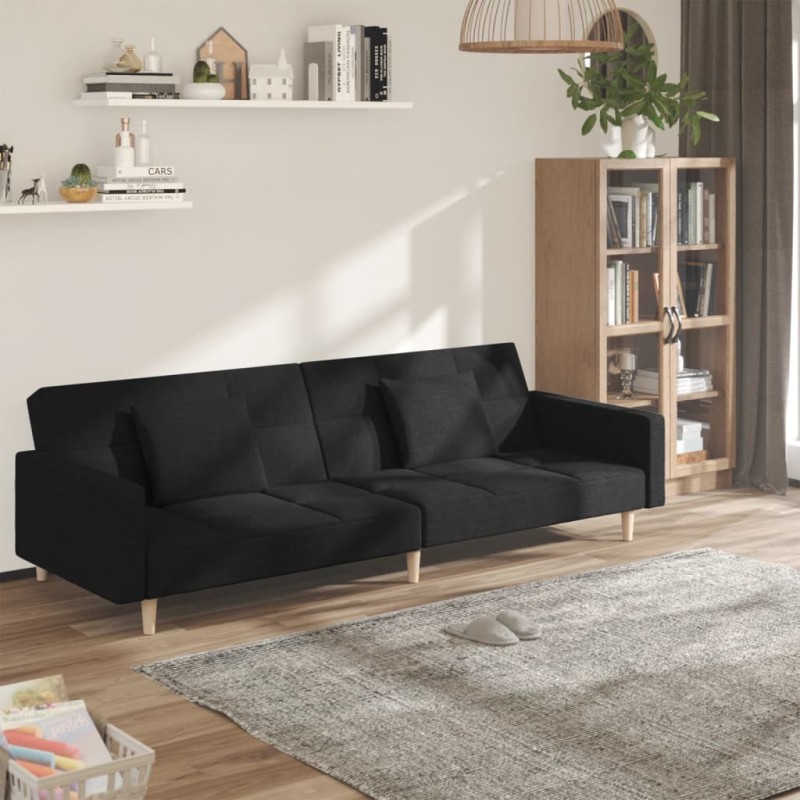 vidaXL Sofá cama de 2 plazas con dos almohadas tela negro vidaXL Sofá cama de 2 plazas con dos almohadas tela negro