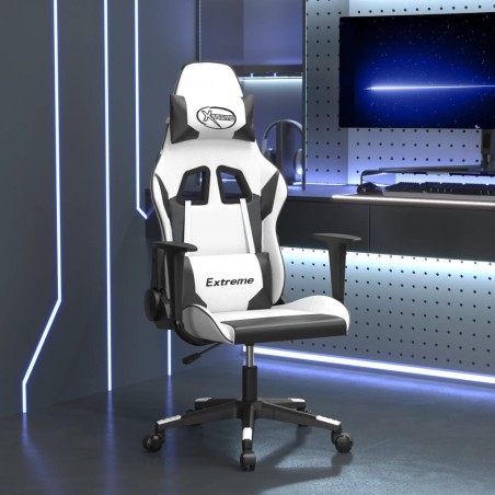 vidaXL Silla gaming de masaje cuero sintético blanco y negro