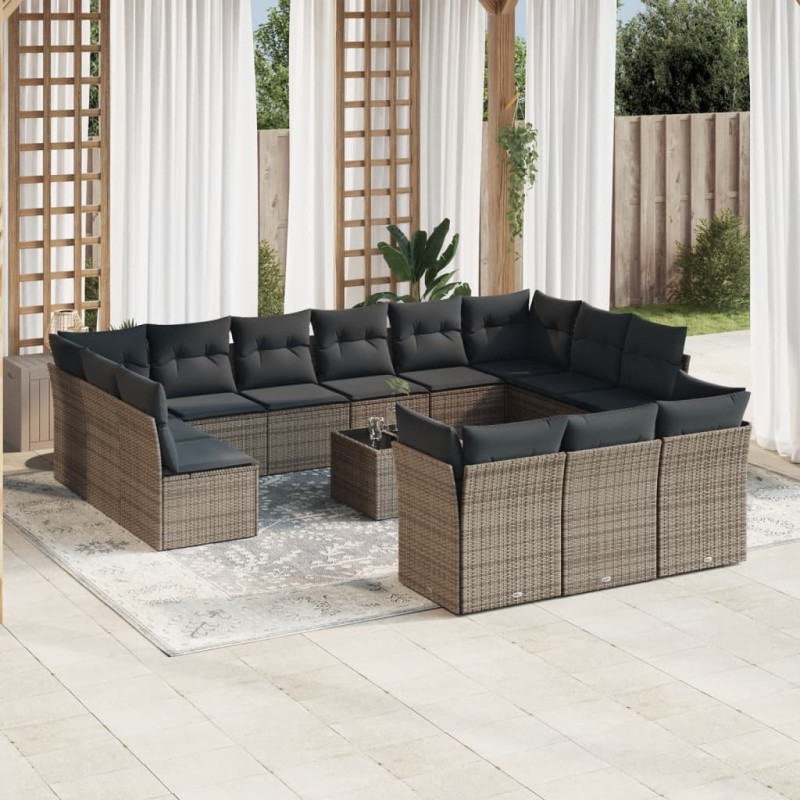 vidaXL Set de sofás de jardín 14 pzas con cojines ratán sintético gris vidaXL Set de sofás de jardín 14 pzas con cojines ratán sintético gris