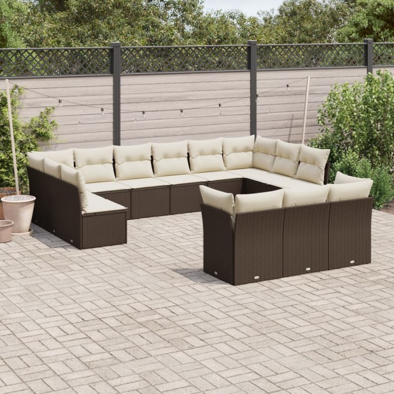 vidaXL Set de sofás de jardín con cojines 13 piezas ratán PE marrón vidaXL Set de sofás de jardín con cojines 13 piezas ratán PE marrón