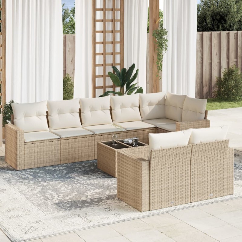 vidaXL Set de sofás de jardín 9 pzas con cojines ratán sintético beige vidaXL Set de sofás de jardín 9 pzas con cojines ratán sintético beige