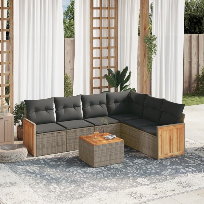 vidaXL Set de sofás de jardín 7 piezas con cojines ratán PE gris vidaXL Set de sofás de jardín 7 piezas con cojines ratán PE gris