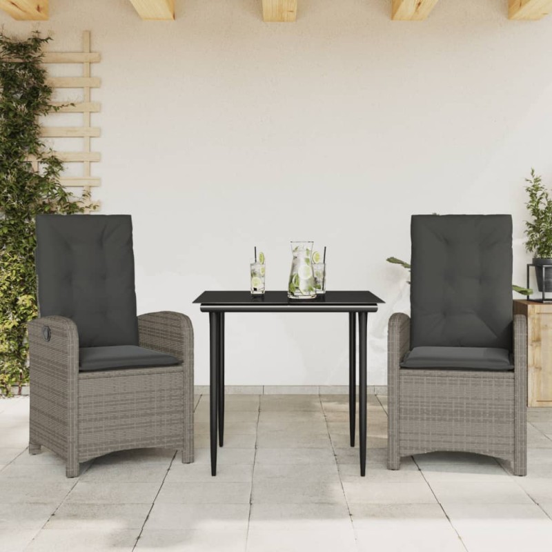 vidaXL Set comedor de jardín 3 piezas con cojines ratán sintético gris