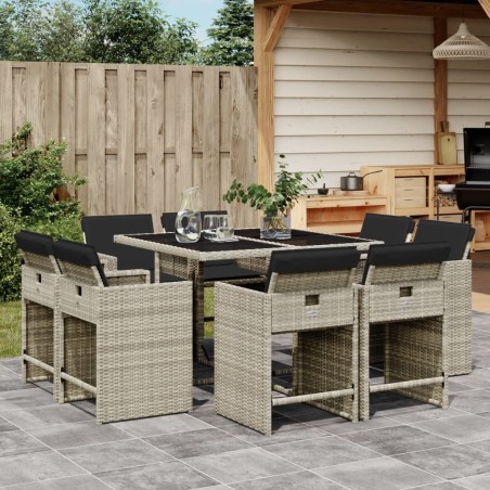 vidaXL Set comedor de jardín 9 pzas cojines ratán sintético gris claro