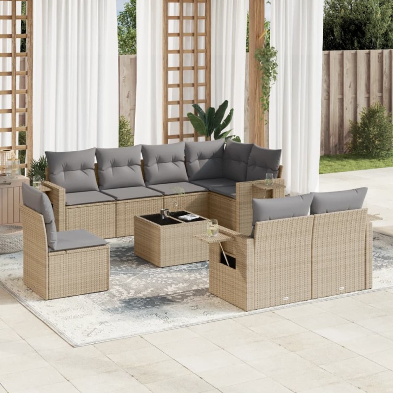 vidaXL Set de sofás de jardín 9 pzas con cojines ratán sintético beige vidaXL Set de sofás de jardín 9 pzas con cojines ratán sintético beige