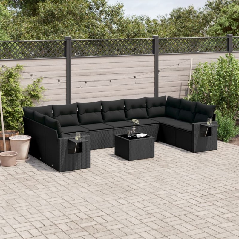vidaXL Set de sofás de jardín 11 pzas y cojines ratán sintético negro