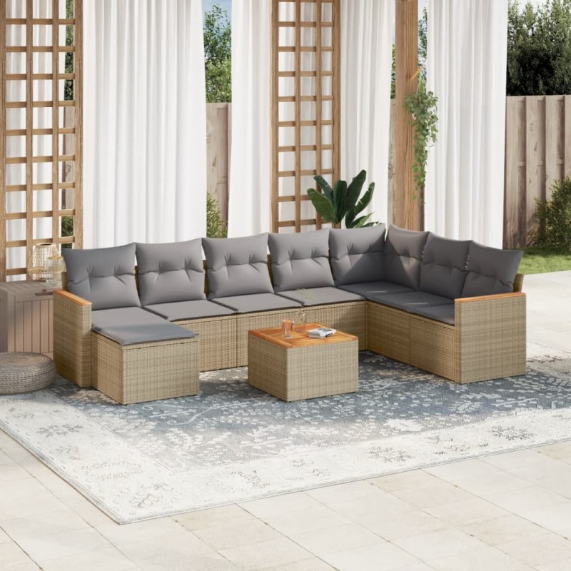 vidaXL Set de sofás de jardín 9 pzas con cojines ratán sintético beige vidaXL Set de sofás de jardín 9 pzas con cojines ratán sintético beige