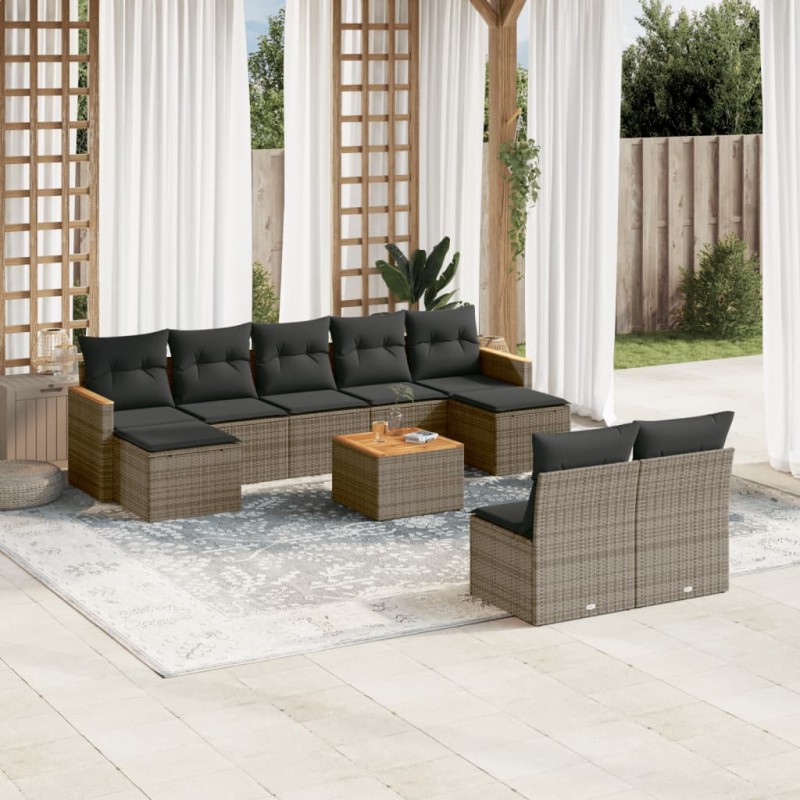 vidaXL Set de sofás de jardín 10 pzas con cojines ratán sintético gris vidaXL Set de sofás de jardín 10 pzas con cojines ratán sintético gris