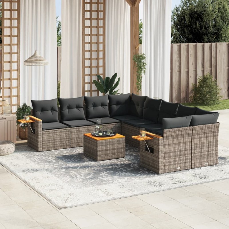 vidaXL Set de muebles de jardín 9 pzas y cojines ratán sintético gris vidaXL Set de muebles de jardín 9 pzas y cojines ratán sintético gris