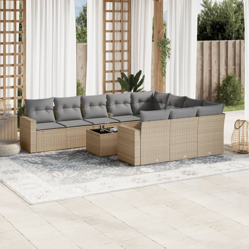 vidaXL Set de sofás de jardín 11pzas con cojines ratán sintético beige vidaXL Set de sofás de jardín 11pzas con cojines ratán sintético beige