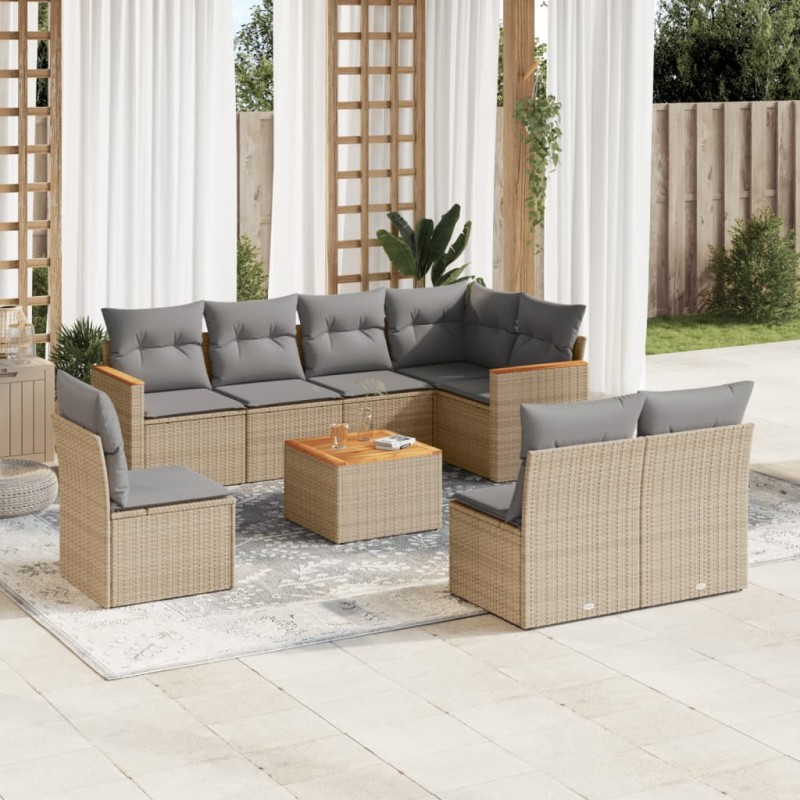 vidaXL Set de sofás de jardín 9 pzas con cojines ratán sintético beige vidaXL Set de sofás de jardín 9 pzas con cojines ratán sintético beige