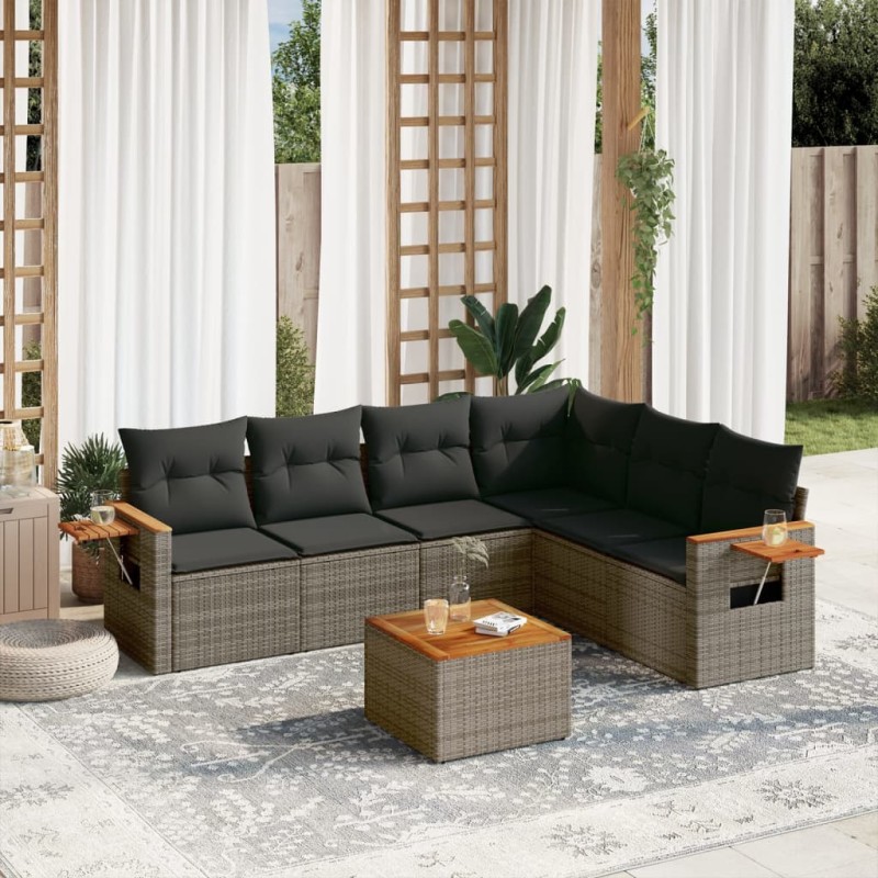 vidaXL Set de sofás de jardín 7 piezas con cojines ratán PE gris vidaXL Set de sofás de jardín 7 piezas con cojines ratán PE gris