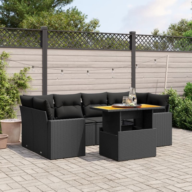 vidaXL Set de comedor de jardín 7 pzas y cojines ratán sintético negro vidaXL Set de comedor de jardín 7 pzas y cojines ratán sintético negro