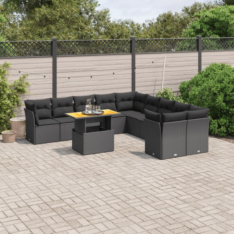 vidaXL Set de sofás de jardín 11 pzas y cojines ratán sintético negro