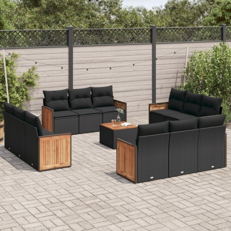 vidaXL Set de sofás de jardín y cojines 13 pzas ratán sintético negro